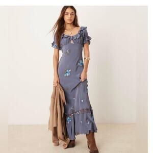 FREE PEOPLE Bali Blue Santa Cruz Ruffle Maxi Dress size medium